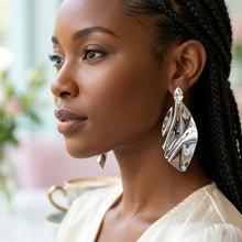 Load image into Gallery viewer, Silver Bent Metal Marquise Crystal Drop Earrings
