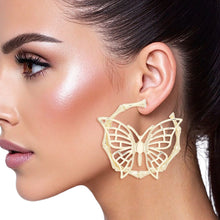 Load image into Gallery viewer, Hoop Dimensional Butterfly Gold Bamboo Earrings

