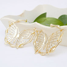 Load image into Gallery viewer, Hoop Dimensional Butterfly Gold Bamboo Earrings
