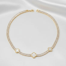 Load image into Gallery viewer, Tennis Gold CZ Baguette White Quatrefoil Necklace
