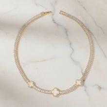 Load image into Gallery viewer, Tennis Gold CZ Baguette White Quatrefoil Necklace
