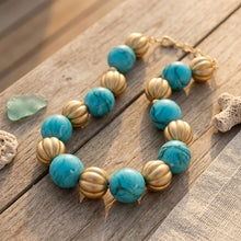 Load image into Gallery viewer, Turquoise Marbled &amp; Fluted Gold Chunky Necklace
