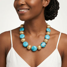 Load image into Gallery viewer, Turquoise Marbled &amp; Fluted Gold Chunky Necklace
