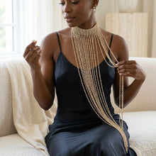 Load image into Gallery viewer, Long Gold Fringe Choker Necklace with Rhinestones
