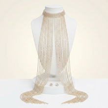 Load image into Gallery viewer, Long Gold Fringe Choker Necklace with Rhinestones
