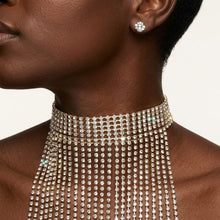 Load image into Gallery viewer, Long Gold Fringe Choker Necklace with Rhinestones
