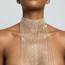 Load image into Gallery viewer, Long Gold Fringe Choker Necklace with Rhinestones
