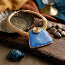 Load image into Gallery viewer, Large Blue Resin Pendant Gold Mesh Collar Necklace
