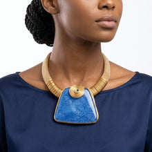 Load image into Gallery viewer, Large Blue Resin Pendant Gold Mesh Collar Necklace
