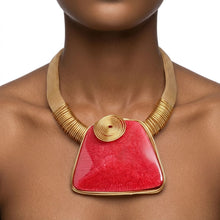 Load image into Gallery viewer, Large Red Resin Pendant Gold Mesh Collar Necklace
