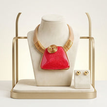 Load image into Gallery viewer, Large Red Resin Pendant Gold Mesh Collar Necklace
