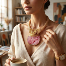 Load image into Gallery viewer, Pink Druzy Stone Pendant Gold Collar Necklace
