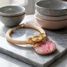 Load image into Gallery viewer, Pink Druzy Stone Pendant Gold Collar Necklace
