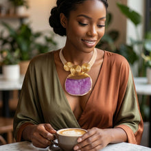Load image into Gallery viewer, Purple Druzy Stone Pendant Gold Collar Necklace
