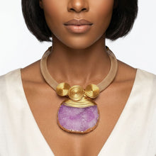Load image into Gallery viewer, Purple Druzy Stone Pendant Gold Collar Necklace
