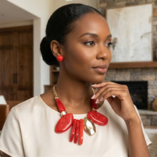 Load image into Gallery viewer, Chunky Red Geometric Marbled Resin Bib Necklace
