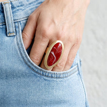 Load image into Gallery viewer, Marbled Burgundy Oversized Organic Matte Gold Ring
