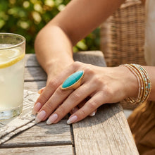 Load image into Gallery viewer, Cocktail Turquoise Elongated Oval Matte Gold Ring
