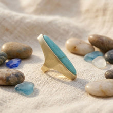 Load image into Gallery viewer, Cocktail Turquoise Elongated Oval Matte Gold Ring
