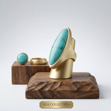 Load image into Gallery viewer, Cocktail Turquoise Elongated Oval Matte Gold Ring
