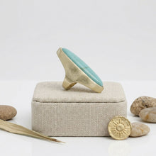 Load image into Gallery viewer, Cocktail Turquoise Elongated Oval Matte Gold Ring
