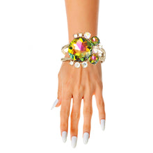 Load image into Gallery viewer, Gold Round Pink Green Crystals Hinge Cuff
