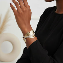 Load image into Gallery viewer, Cuff Gold Leaf Motif Shimmering Stone Bracelet
