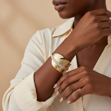 Load image into Gallery viewer, Cuff Gold Leaf Motif Shimmering Stone Bracelet
