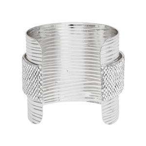 Cuff Silver Ribbed Clear Rhinestone Band Bracelet