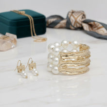 Load image into Gallery viewer, Cream Pearl Edgy Meets Classy Gold Metal Bracelet
