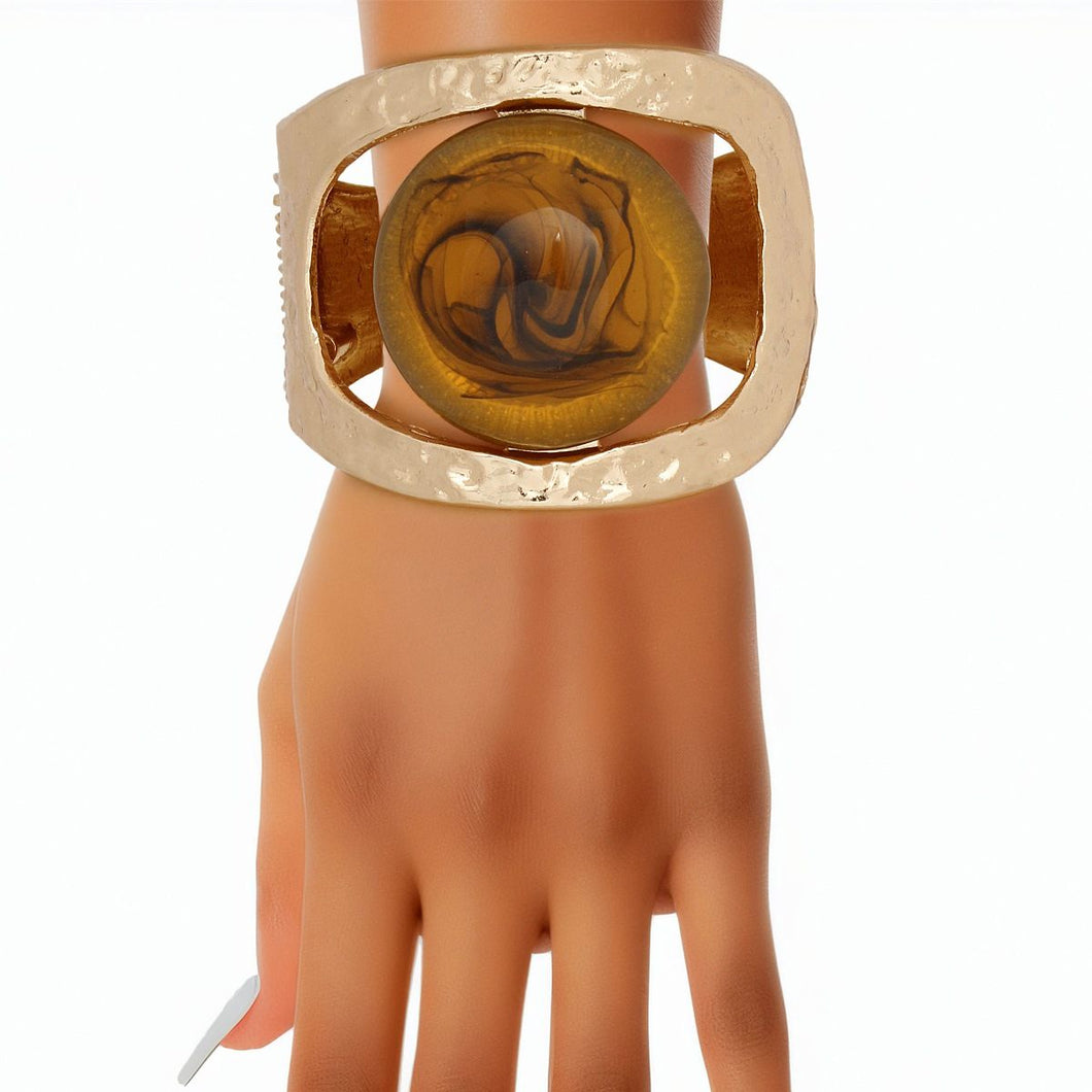 Cuff Yellow Round Swirl Resin Chunky Gold Bracelet