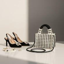 Load image into Gallery viewer, Top Handle Black White Pearl Woven Handmade Bag
