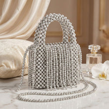 Load image into Gallery viewer, Top Handle Silver Bead Woven Mini Fringe Handbag
