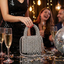 Load image into Gallery viewer, Top Handle Silver Bead Woven Mini Fringe Handbag
