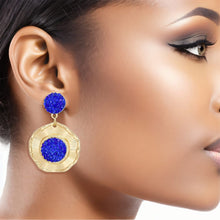 Load image into Gallery viewer, Drop Glam Royal Blue Stone Gold Round Earrings
