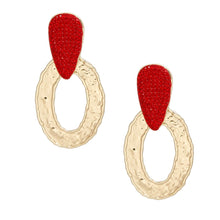 Load image into Gallery viewer, Drop Gold Red Rhinestone Elongated Oval Earrings
