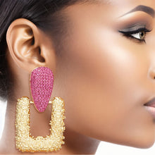 Load image into Gallery viewer, Drop Edgy Fuchsia Stone Hinge Gold Square Earrings
