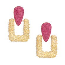 Load image into Gallery viewer, Drop Edgy Fuchsia Stone Hinge Gold Square Earrings
