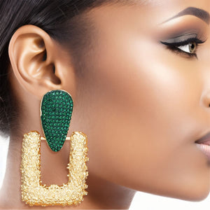 Drop Edgy Green Stone Hinge Gold Square Earrings