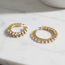 Load image into Gallery viewer, Gold Chain Open Hoops with Cream Pearl Earrings

