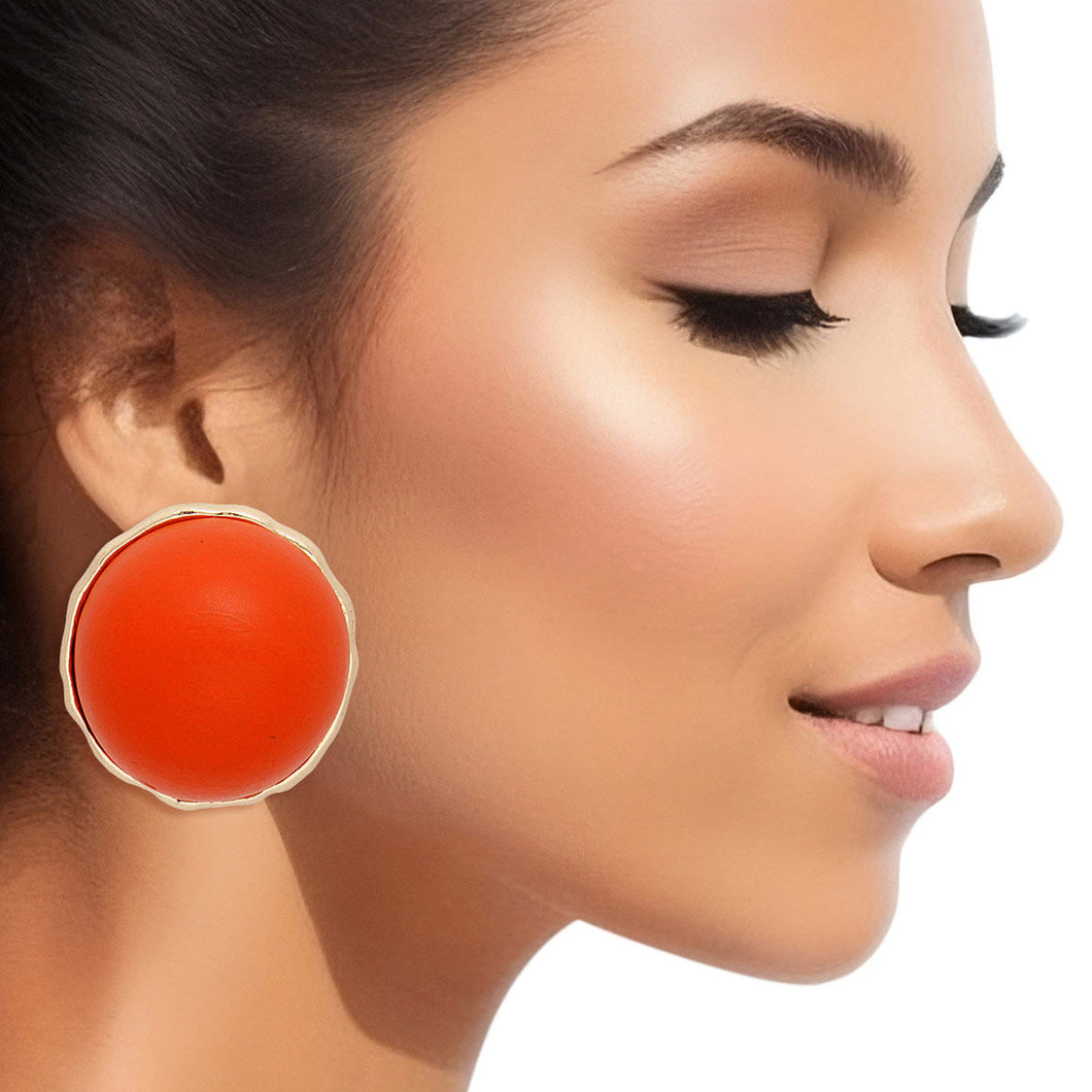 Studs Domed Orange Wood Large Earrings for Women