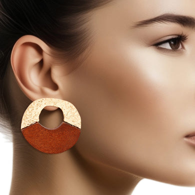 Studs Medium Gold Brown Wood Circle Earrings Women