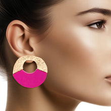 Load image into Gallery viewer, Studs Medium Gold Fuchsia Wood Circle Earrings
