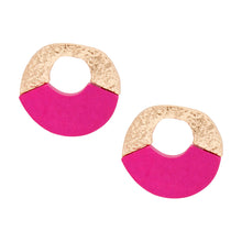 Load image into Gallery viewer, Studs Medium Gold Fuchsia Wood Circle Earrings
