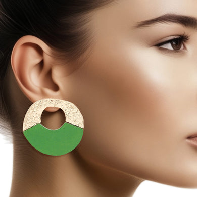 Studs Medium Gold Green Wood Circle Earrings Women