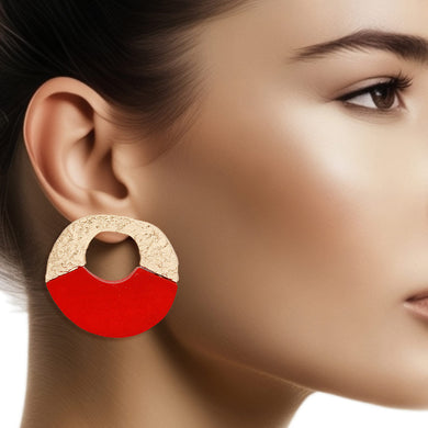 Studs Medium Gold Red Wood Circle Earrings Women