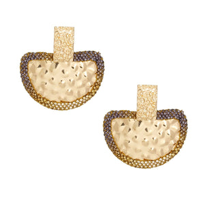 Drop Brown Stone Bubbled Gold Semicircle Earrings