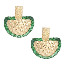 Load image into Gallery viewer, Drop Green Stone Bubbled Gold Semicircle Earrings
