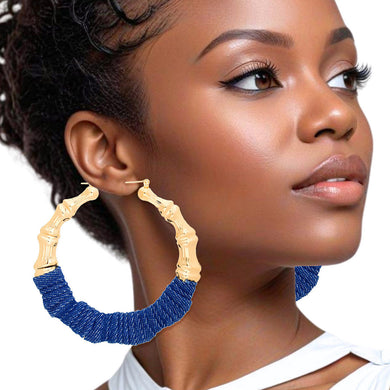 Hoop Gold Denim Wrapped Bamboo Earrings Women