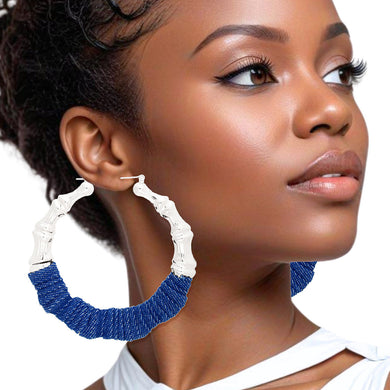 Hoop Silver Denim Wrapped Bamboo Earrings Women